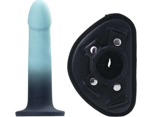 Vedo duo silicone dildo with harness turquoise black dildo made by vedo on sale at hervibrators. Com