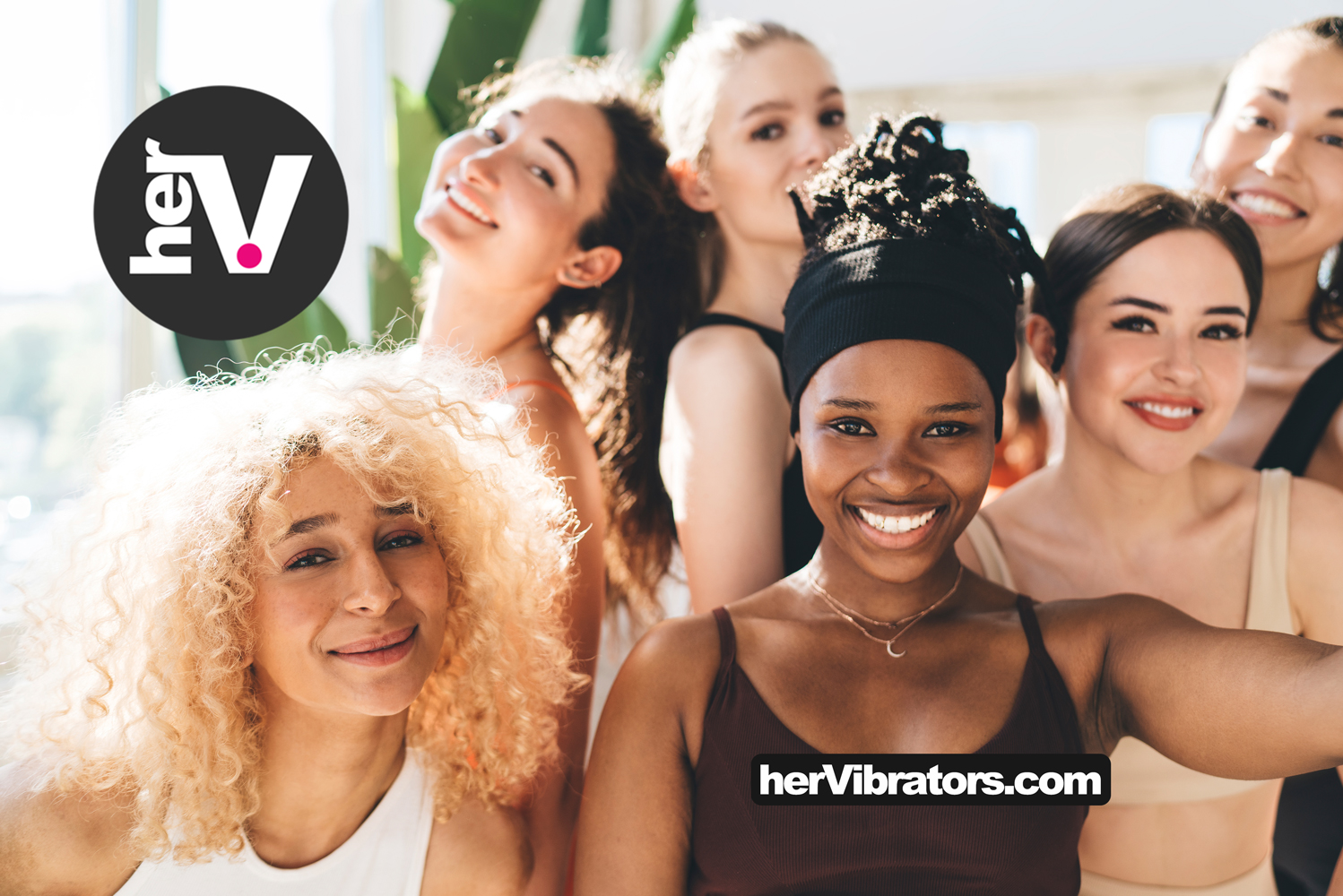 Smiling diverse group of women celebrating confidence and pleasure, promoting her vibrator collection for intimacy and self-care.
