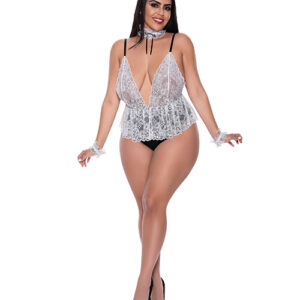Dress Up Full Service Lace Deep V Teddy with Collar & Wrist Cuffs