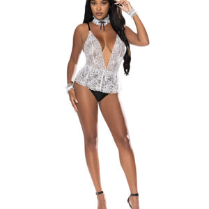Dress Up Full Service Lace Deep V Teddy with Collar & Wrist Cuffs