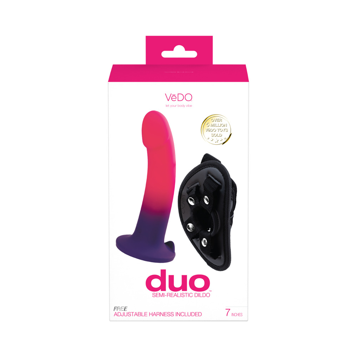 VeDO Duo Silicone Dildo with Harness Pink Purple dildo made by VeDO on sale at herVibrators.com
