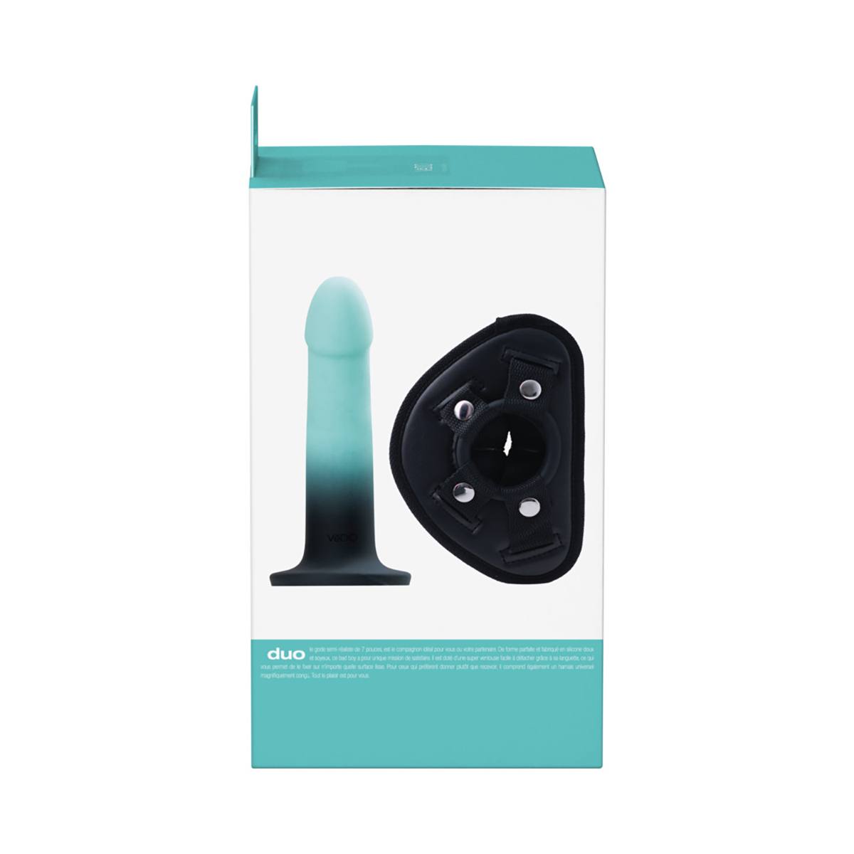 VeDO Duo Silicone Dildo with Harness Turquoise Black dildo made by VeDO on sale at herVibrators.com