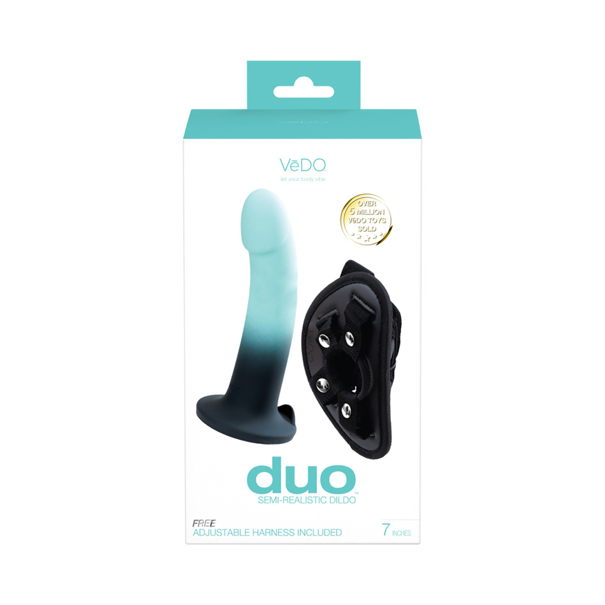 VeDO Duo Silicone Dildo with Harness Turquoise Black dildo made by VeDO on sale at herVibrators.com
