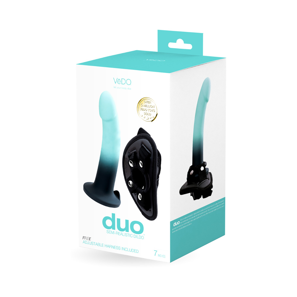 VeDO Duo Silicone Dildo with Harness Turquoise Black dildo made by VeDO on sale at herVibrators.com