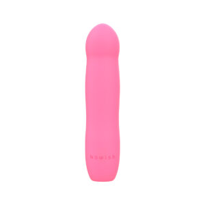Pink B Swish vibrator Bdesired Infinite Deluxe LE- Flamingo shown in hand for scale