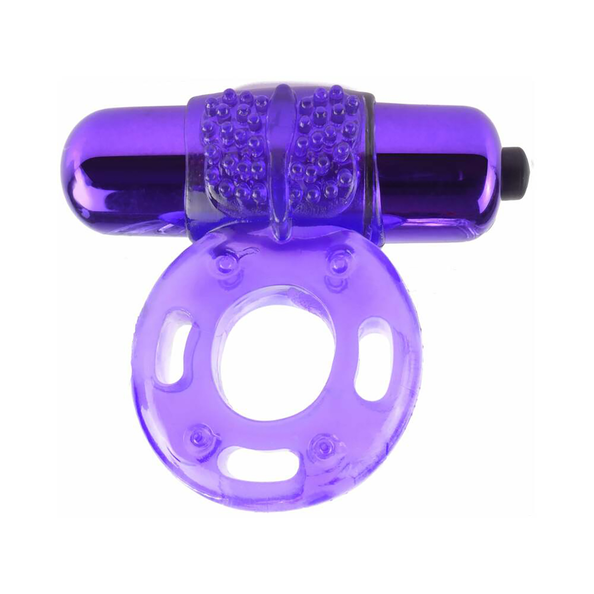 Purple Pipedream vibrator FCR Super Ring shown in hand for scale