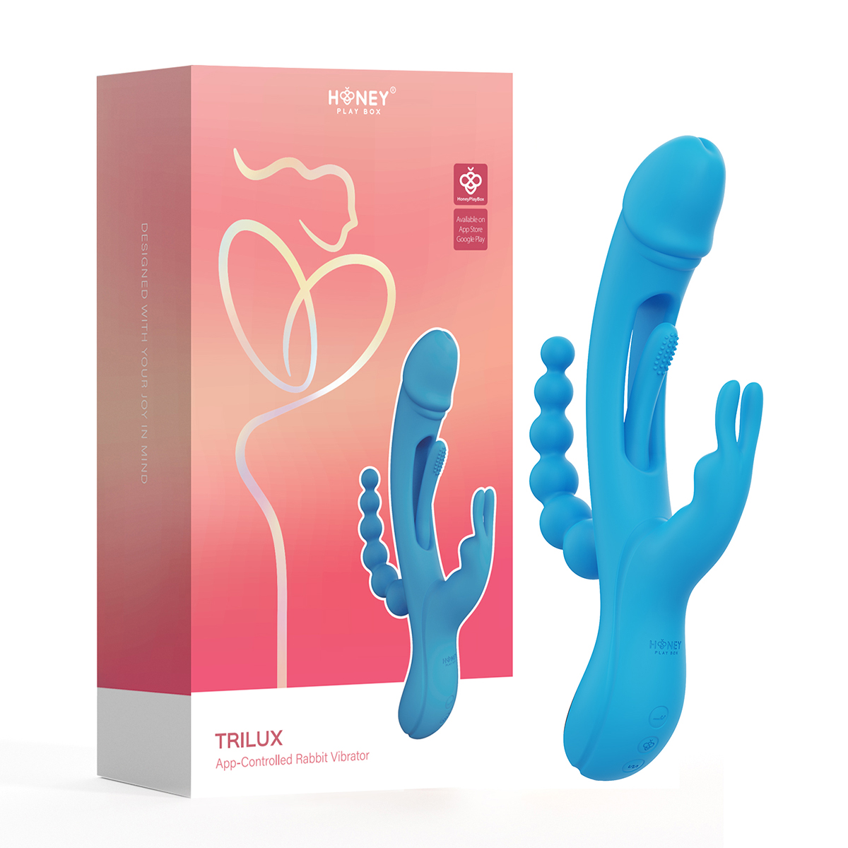 Angled view of the Blue Honey Play Box vibrator designed for intimate use