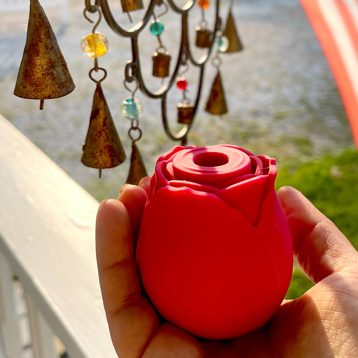 Close-up of the Red InBloom vibrator for texture detail