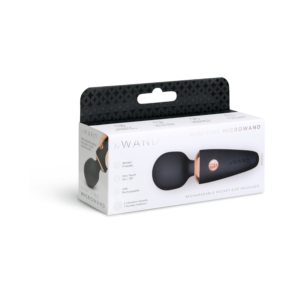 Angled view of the Black Le Wand vibrator designed for intimate use