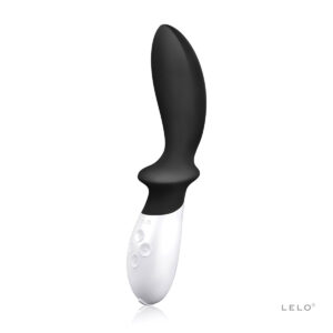 Black LELO vibrator Loki Obsidian shown in hand for scale