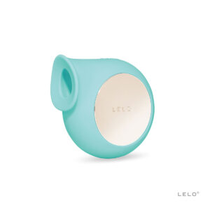 Aqua LELO vibrator Sila shown in hand for scale
