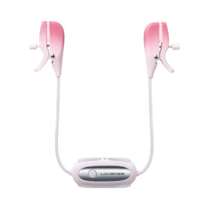 Lovense vibrator Gemini Nipple Clamps shown in hand for scale