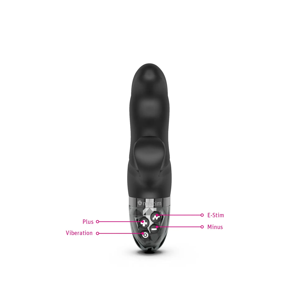 Angled view of the Black Mystim vibrator designed for intimate use