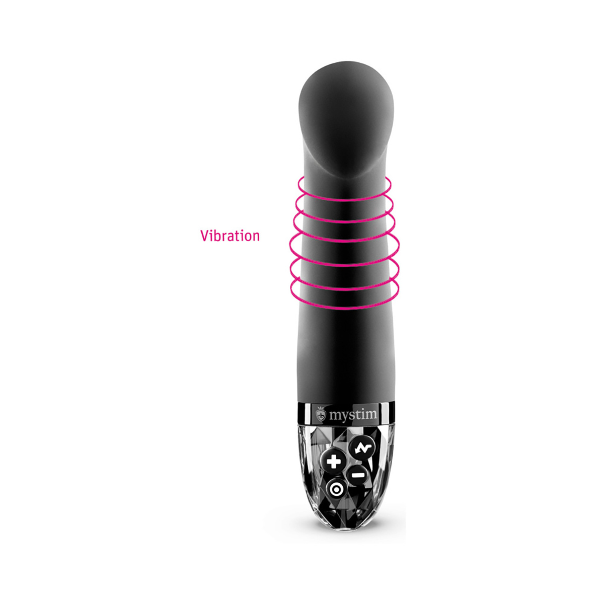 Angled view of the  Mystim vibrator designed for intimate use