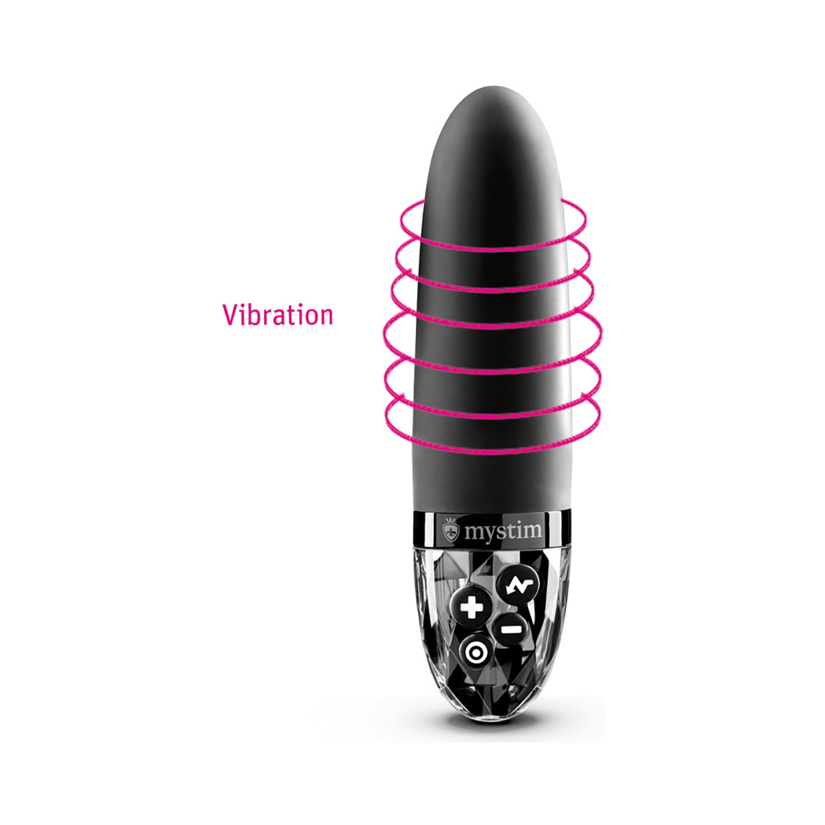 Angled view of the Black Mystim vibrator designed for intimate use