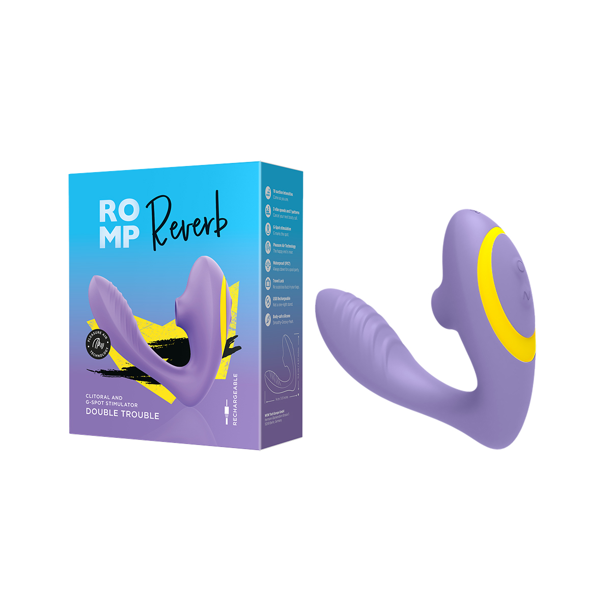 Angled view of the  ROMP vibrator designed for intimate use