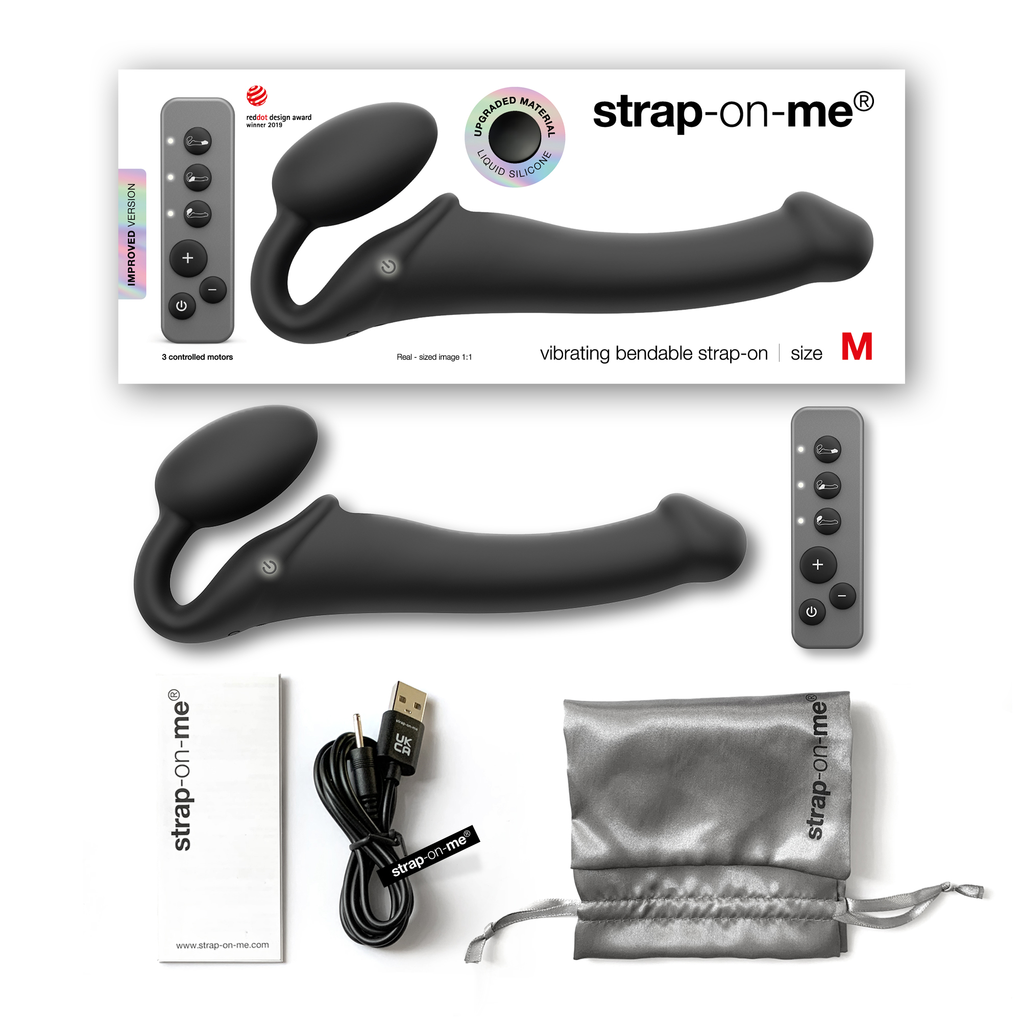 Close-up of the Black Strap-On-Me vibrator for texture detail