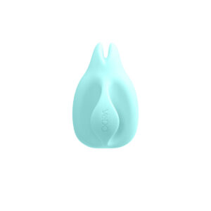 Turquoise VeDO vibrator Huni Lay-On shown in hand for scale