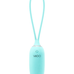 Turquoise VeDO vibrator Kiwi shown in hand for scale