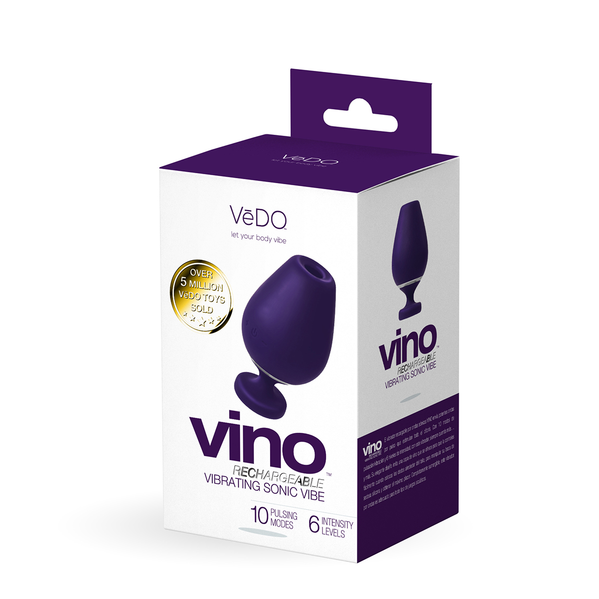 Angled view of the Purple VeDO vibrator designed for intimate use