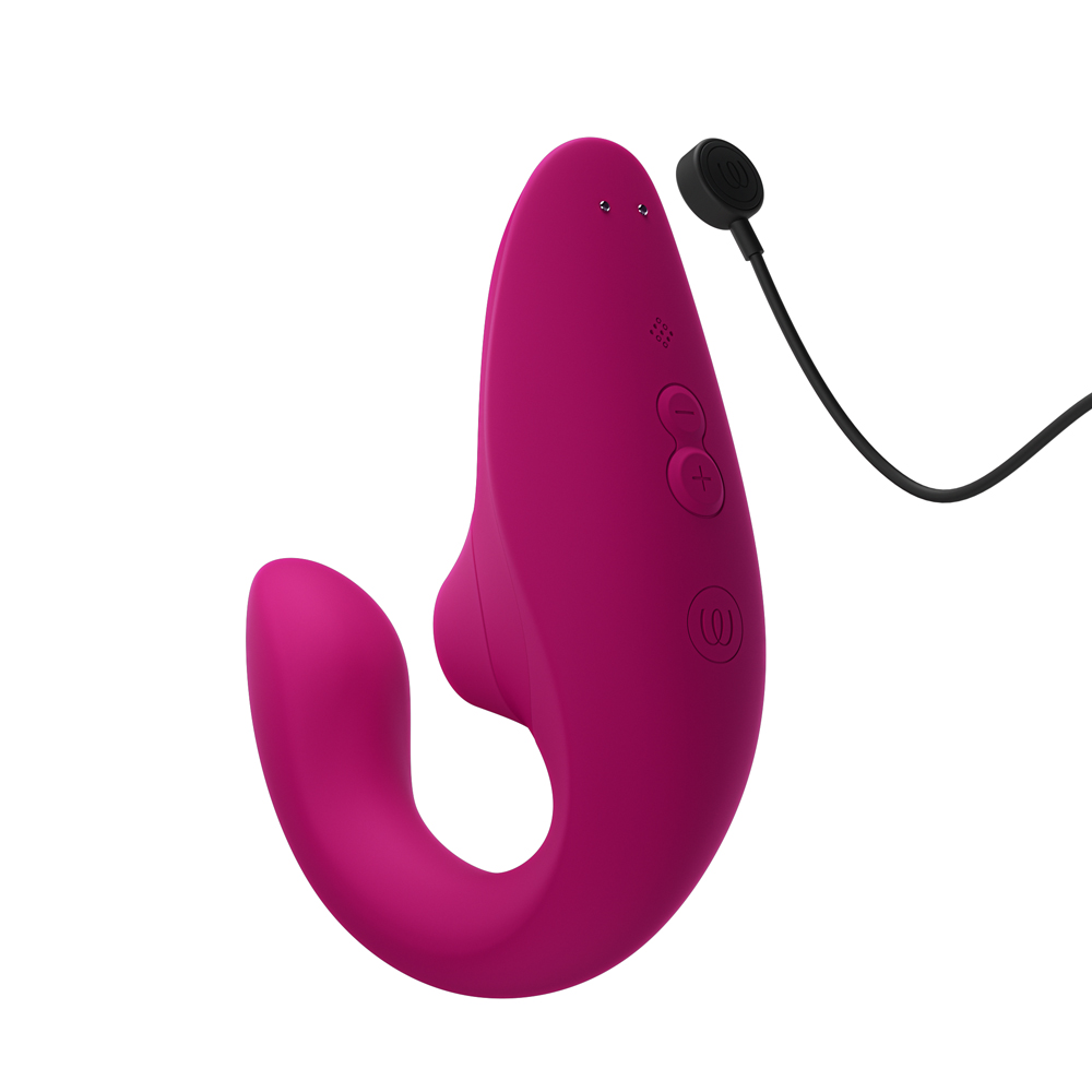 Angled view of the Pink Womanizer vibrator designed for intimate use