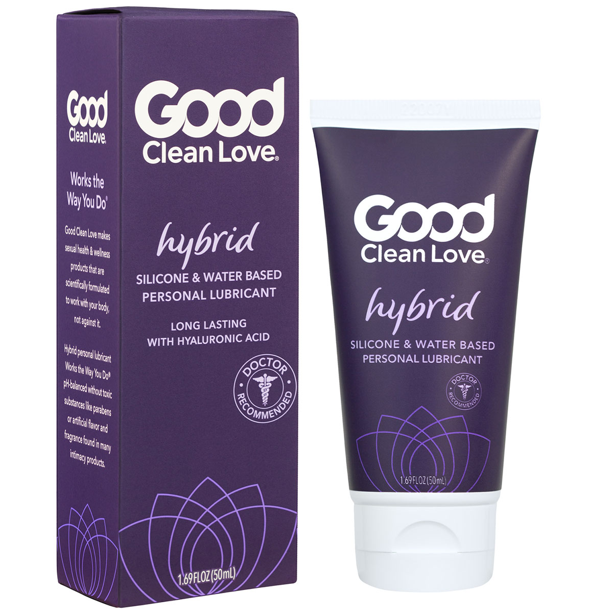 Bottle of 1.69 oz Hybrid Lube Good Clean Love showing water-silicone fusion formula