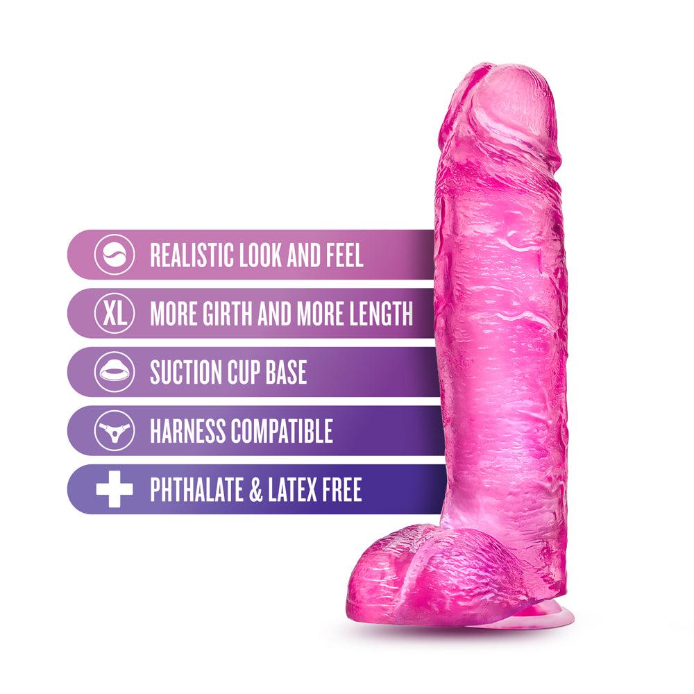 10.5 inch Dildo by Blush in Hot Pink Magenta Fuchsia shown for pegging Her or Him