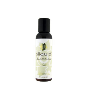 Bottle of 2 oz Vegan Lube Sliquid showing plant-powered formula