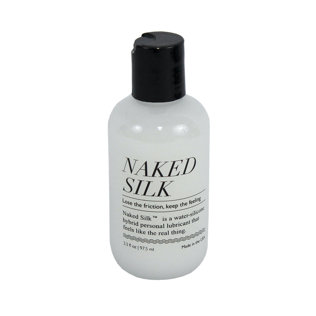 Bottle of 3.3 oz. Hybrid Lube Naked Silk showing water-silicone fusion formula