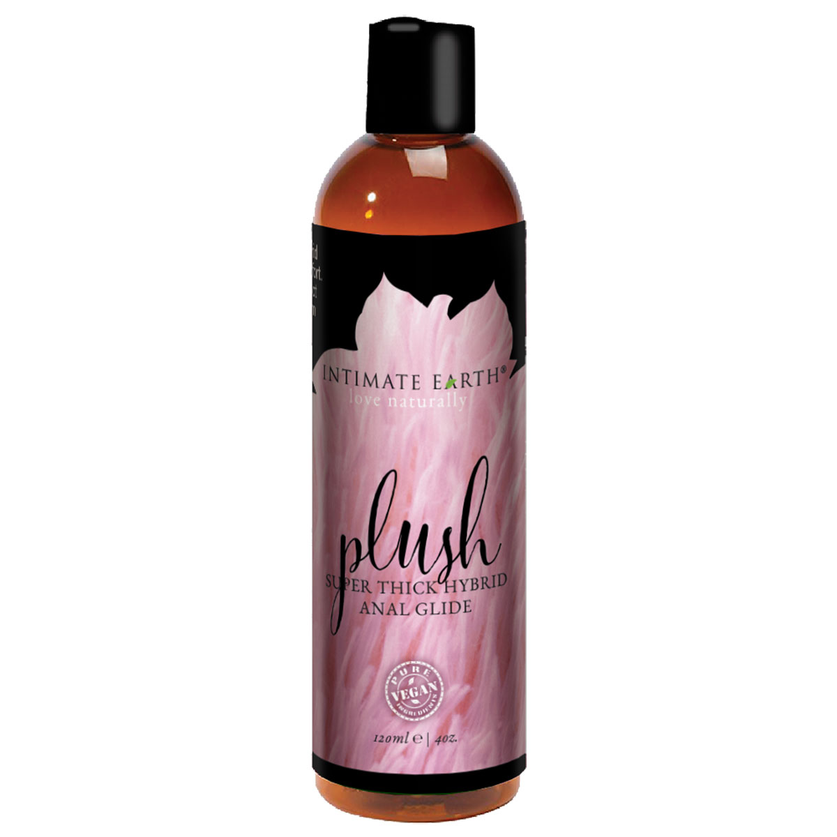 Bottle of 4 oz Vegan Lube Intimate Earth showing plant-powered formula