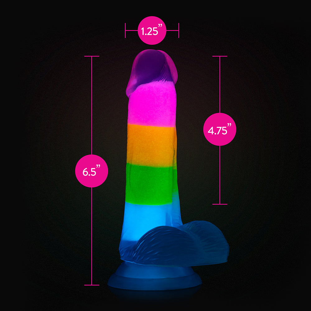 6.5 inch Dildo by Blush in Rainbow displayed for pegging Him or Her