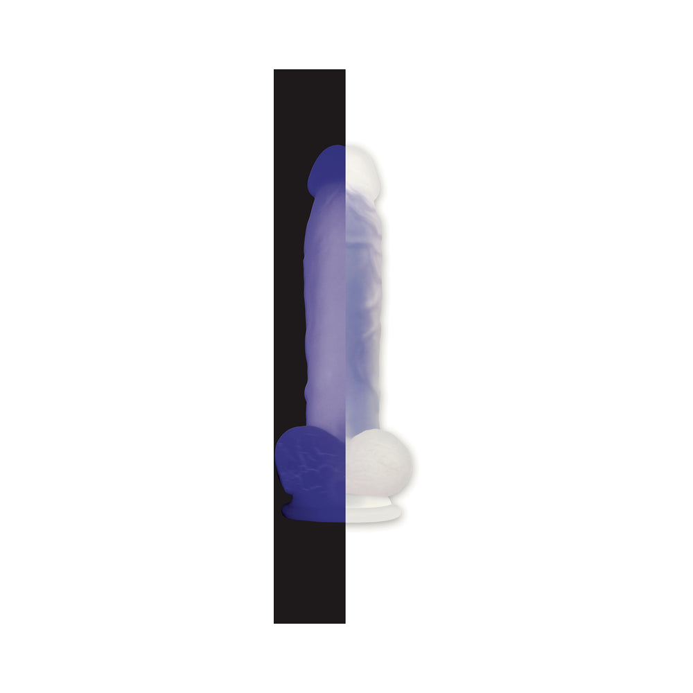 8 inch Dildo by Evolved in Purple displayed for pegging Him or Her