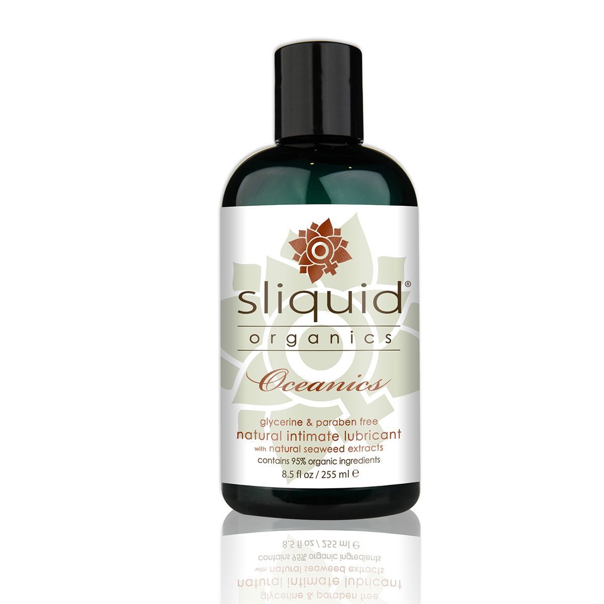 Bottle of 8.5 oz Water Based Lube Sliquid showing clean, lightweight formula
