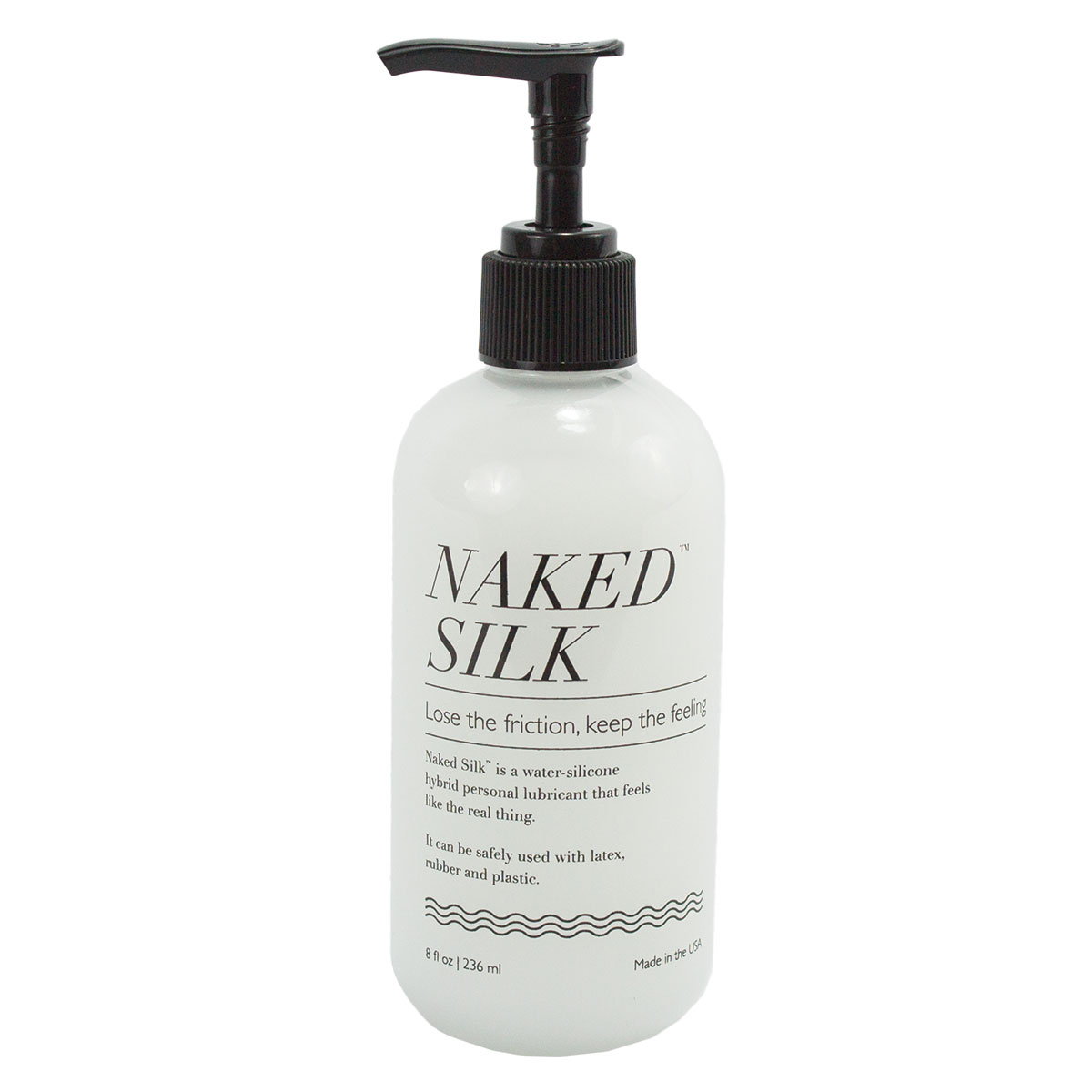 Bottle of 8.7 oz. Hybrid Lube Naked Silk showing water-silicone fusion formula