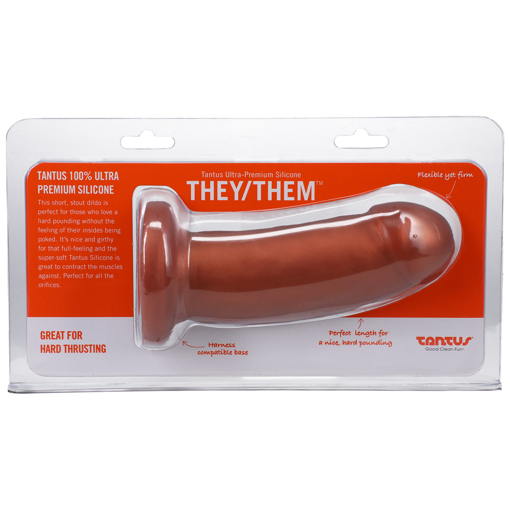 5.5 inch Dildo by Tantus in Copper shown for use by Her or Him