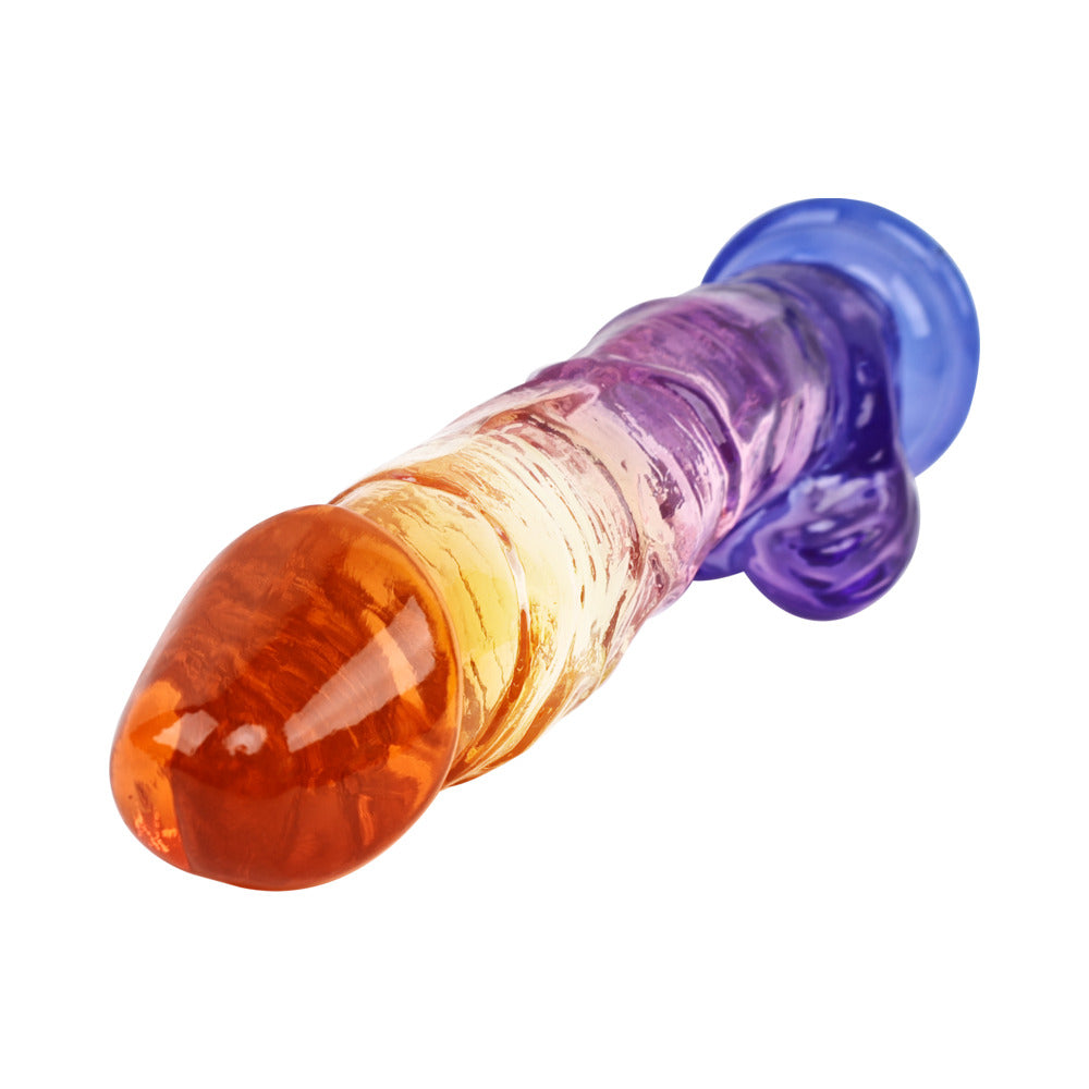 9.5 inch Dildo by Adam & Eve in Multi-Color,Orange,Light Pink,Purple shown for pegging Her or Him
