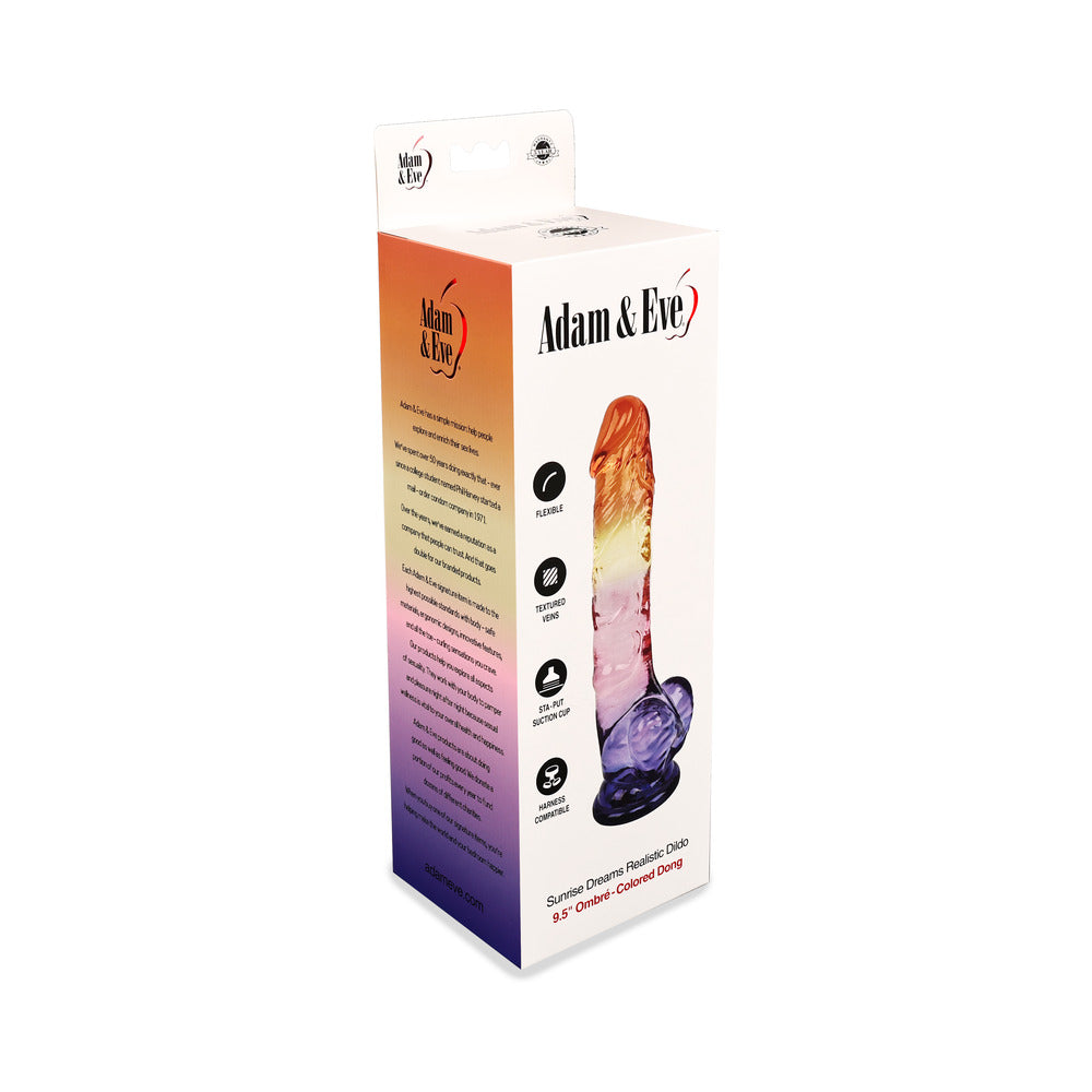9.5 inch Dildo by Adam & Eve in Multi-Color,Orange,Light Pink,Purple displayed for pegging Him or Her