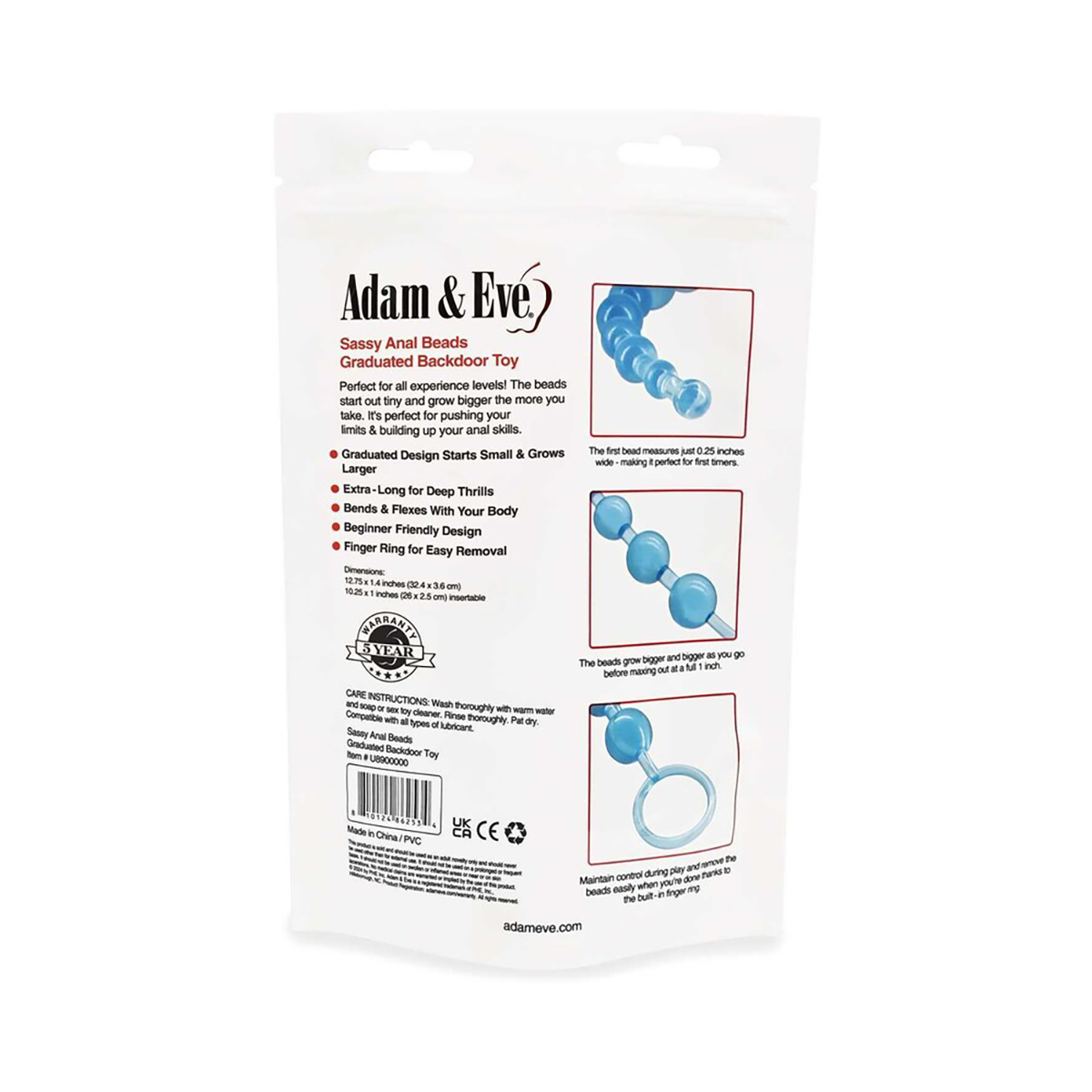 E Sassy Anal Beads (Bag Packaging) shown in hand for scale