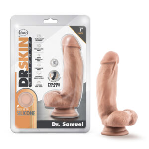 7 inch Dildo Blush Vanilla Ivory Beige Dr Skin Silicone Dr Samuel Realistic Posable with Balls Beige