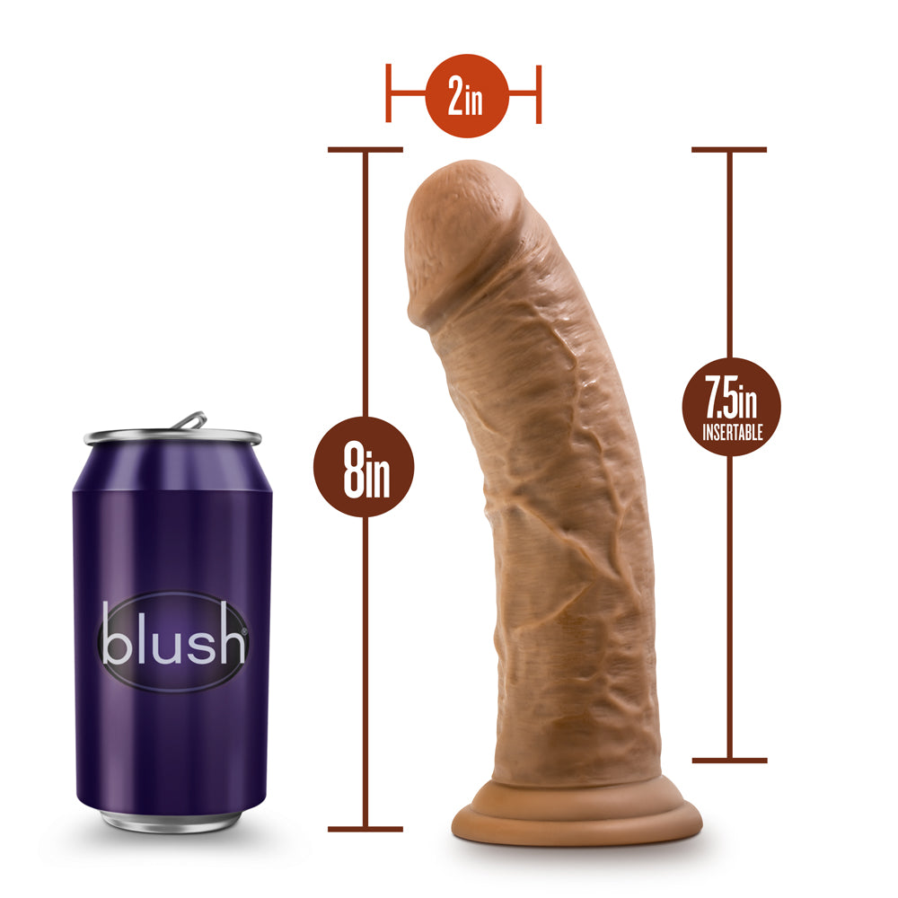 8 inch Dildo by Blush in Tan Light Brown Mocha displayed for pegging Him or Her