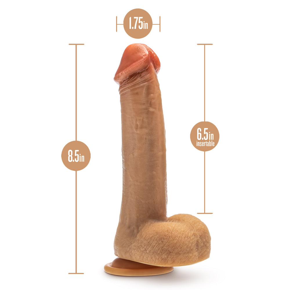 8.5 inch Dildo by Blush in Tan Light Brown Mocha displayed for pegging Him or Her