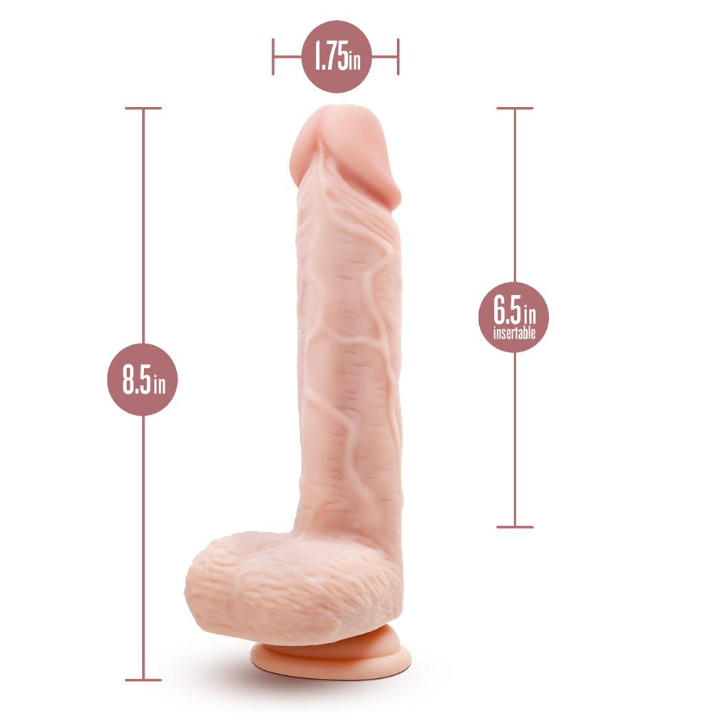 8.5 inch Dildo by Blush in Vanilla Ivory Beige shown for pegging Her or Him