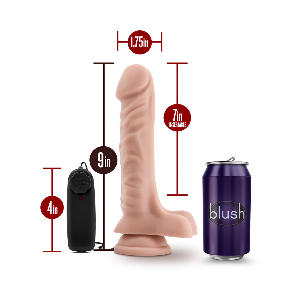 9 inch Dildo by Blush in Vanilla Ivory Beige shown for pegging Her or Him