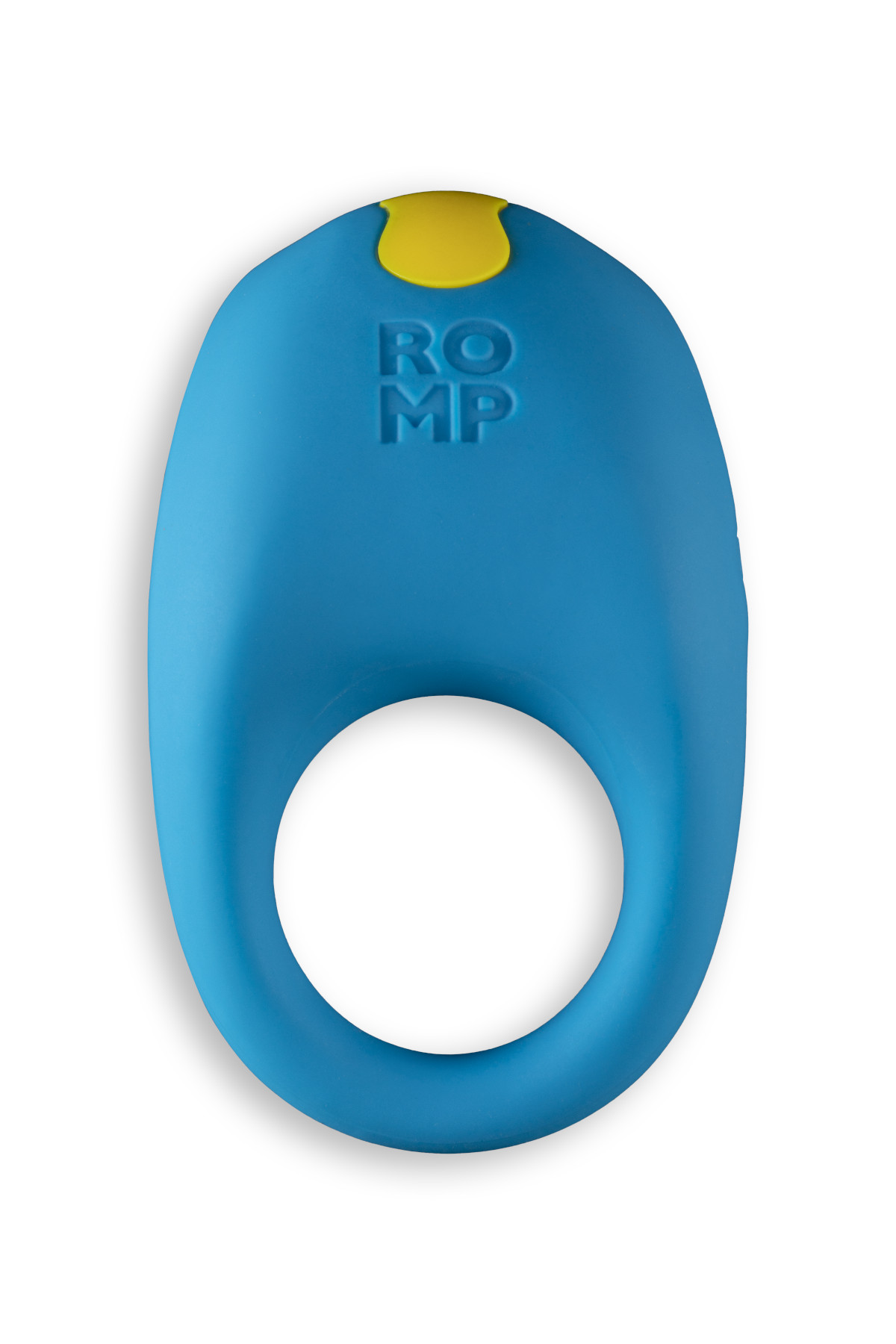 Blue ROMP vibrator Juke C-Ring shown in hand for scale