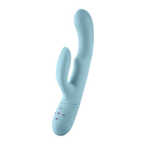 Light Blue Femme Funn vibrator Balai Light shown in hand for scale