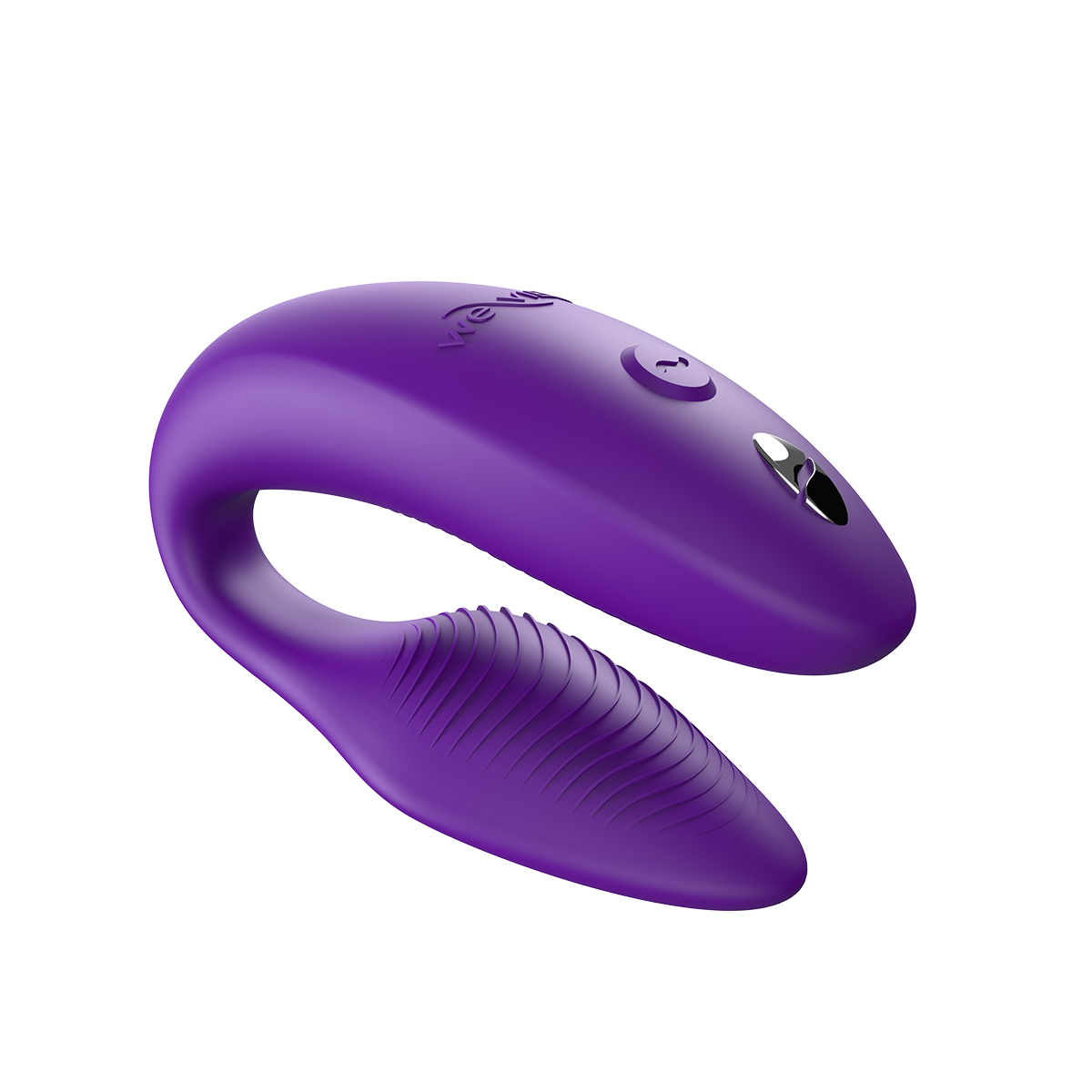 Purple We-Vibe vibrator Sync 2 shown in hand for scale