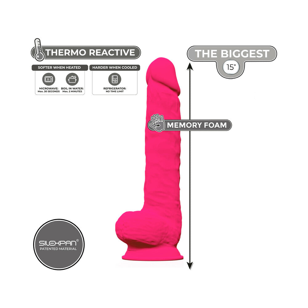 15 inch Dildo by Doc Johnson in Hot Pink Magenta Fuchsia displayed for pegging Him or Her