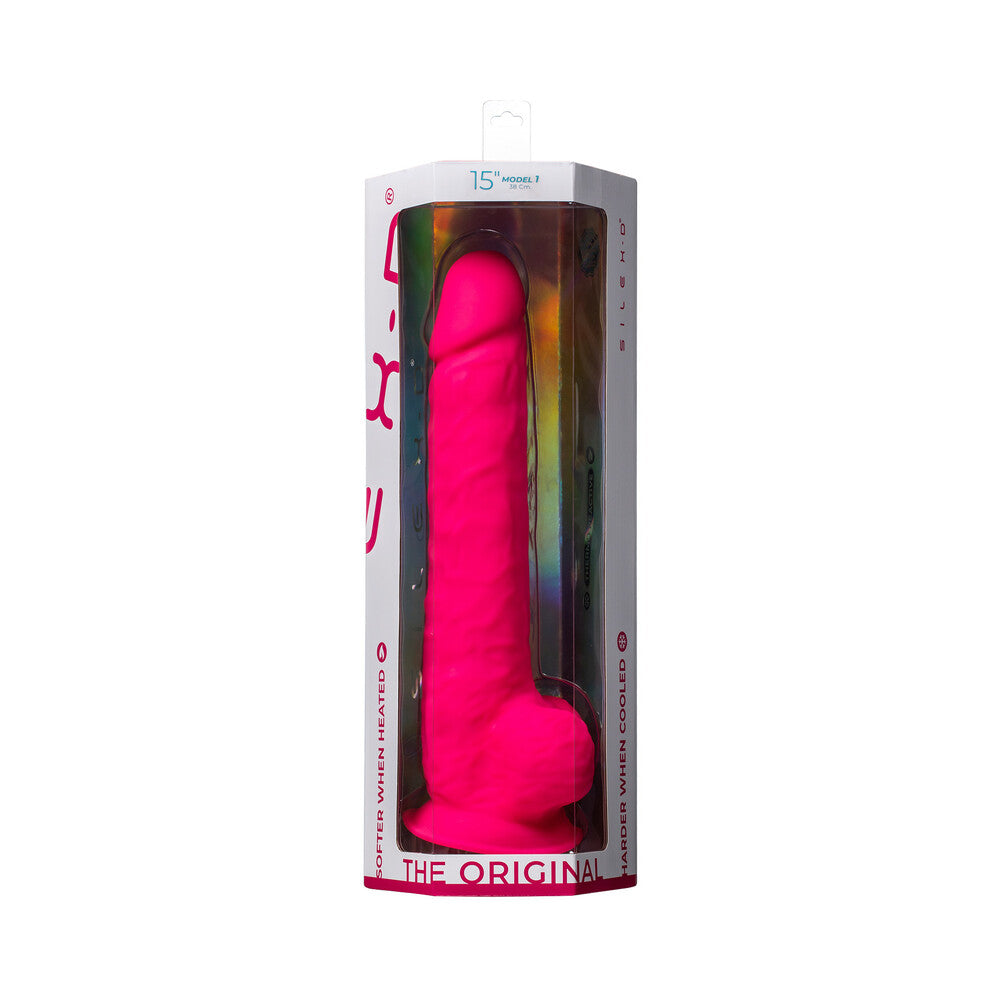 15 inch Dildo by Doc Johnson in Hot Pink Magenta Fuchsia shown for use by Her or Him