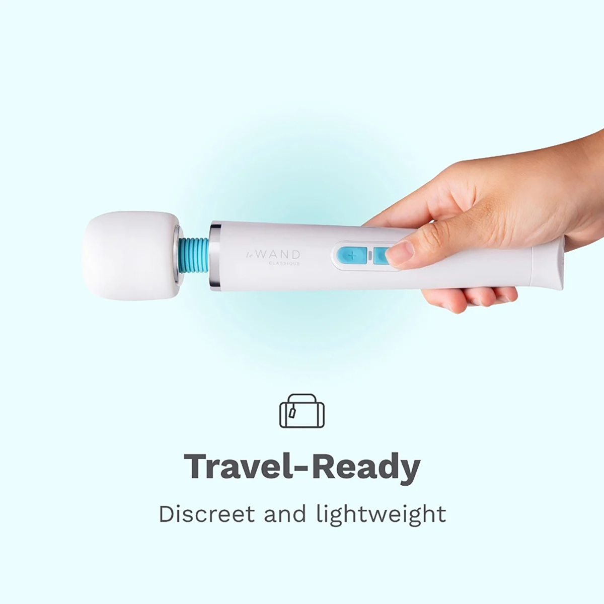 Angled view of the  Le Wand vibrator designed for intimate use