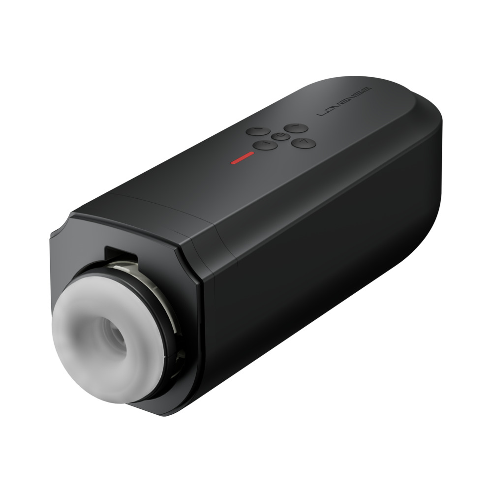 Lovense vibrator SolaceThrusting Masturbator shown in hand for scale